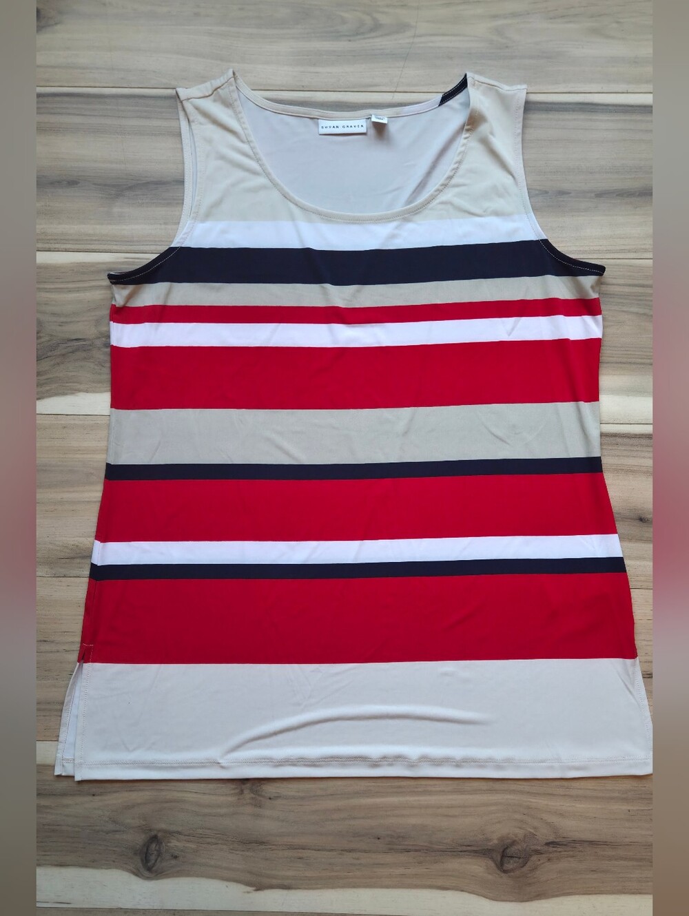 Susan Graver Red, White, Blue & Tan Striped Scoop Neck Tank Top Women’s Size Lar